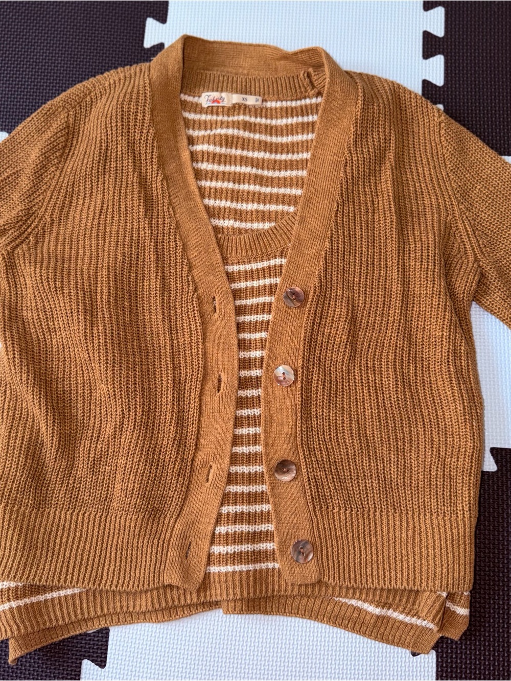 Faherty Striped Knit Top with Buttoned Mustard Cardigan